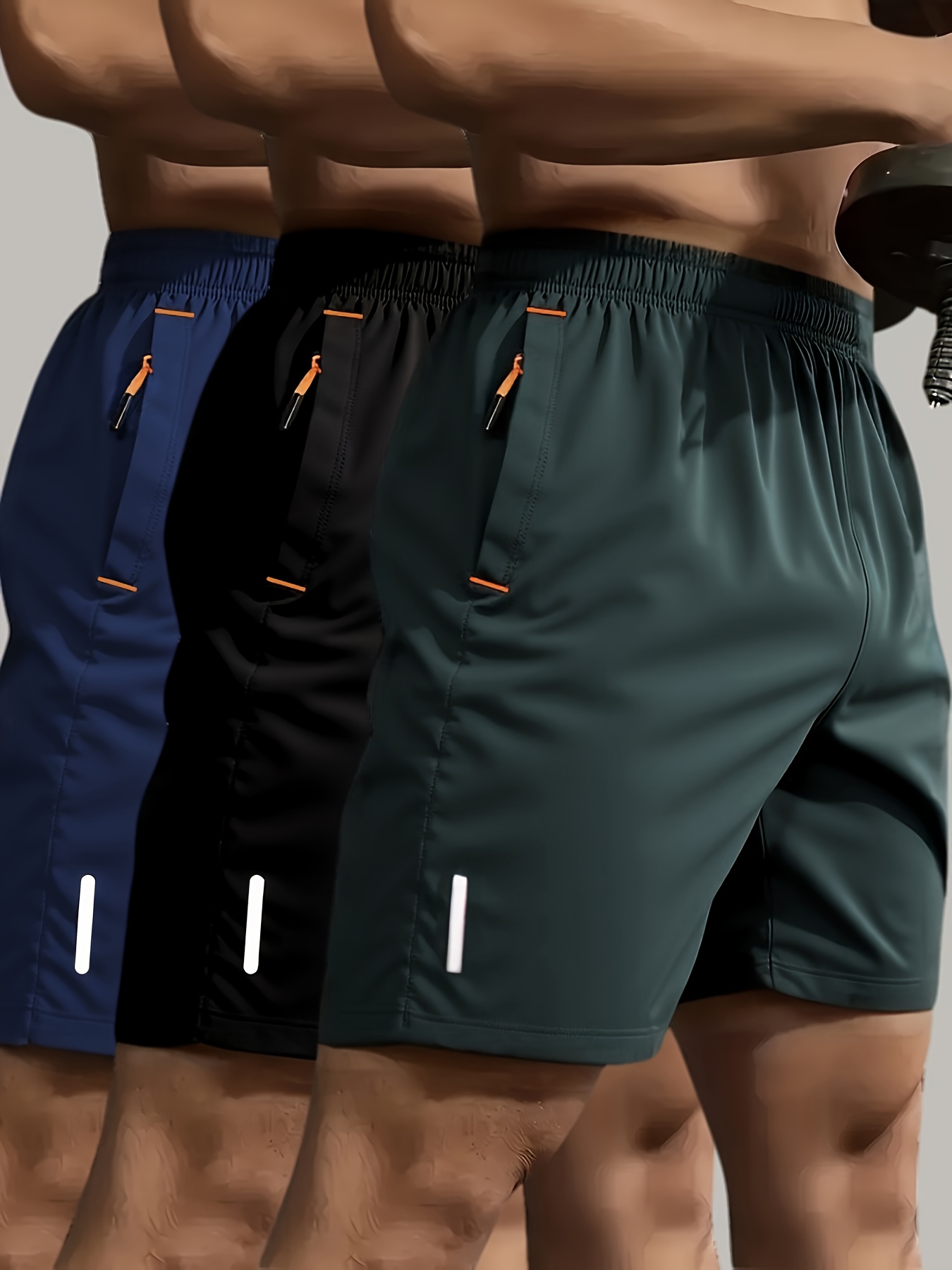 Paquete de 3 pantalones cortos deportivos para hombre | Tejido holgado y cómodo con bolsillos con cremallera, color liso, ligero estiramiento, tiras reflectantes para correr nocturno, playa, viajes diarios