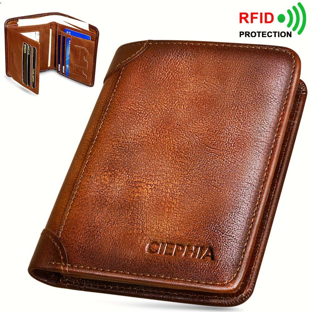 Billetera de Cuero RFID - Un Regalo Perfecto para el Día del Padre para Hombres, con Tecnología de Bloqueo RFID, esta Billetera Trifold de Cuero Genuino se Fabrica con Cuero de Vaca de Capa Superior. Sirve como un Estilo Vintage