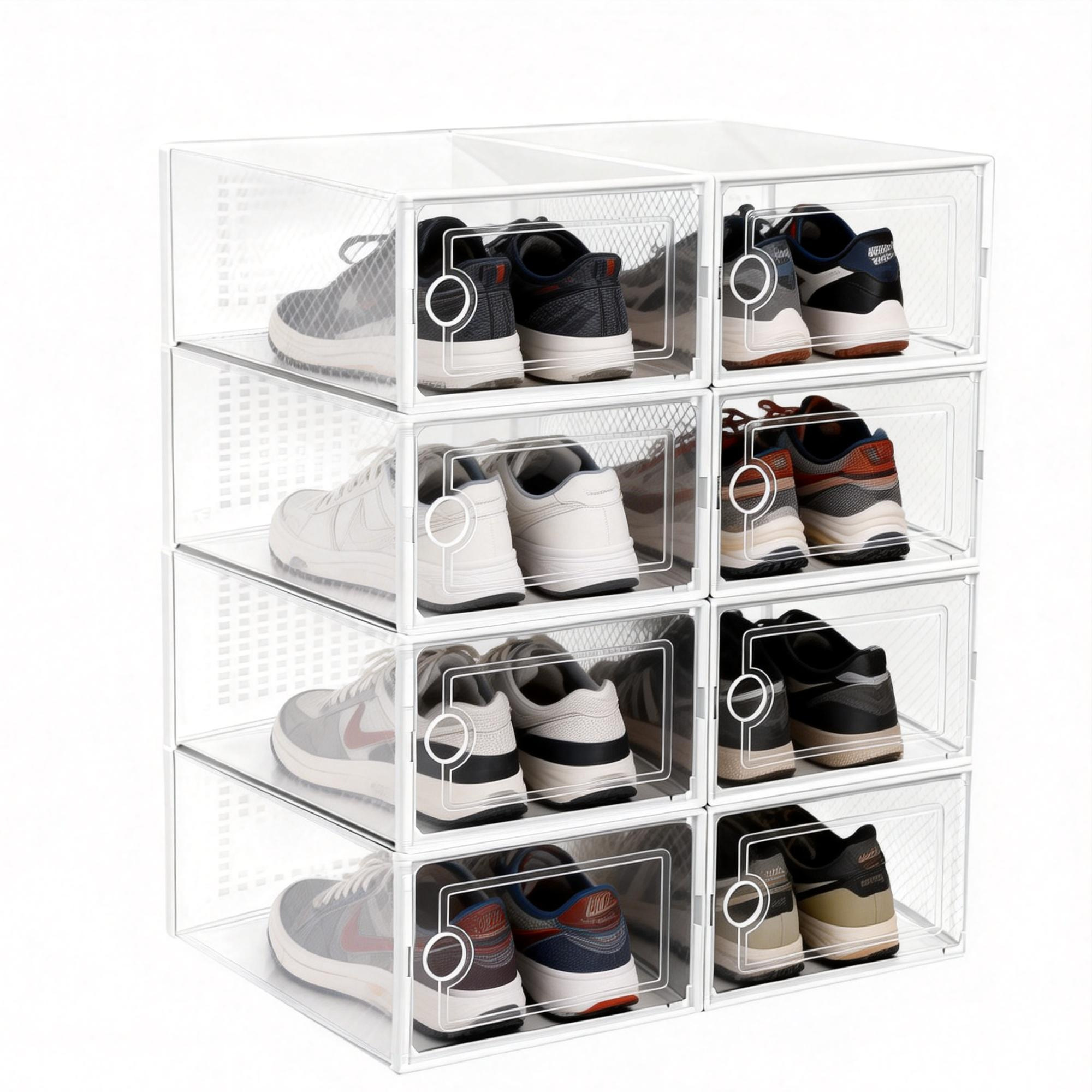 VORTEX Pack Organizador de Calzado Cajas de Zapatos Blancas y transparentes Apilables con Apertura Frontal，Sistema Antivuelco y Ventilación