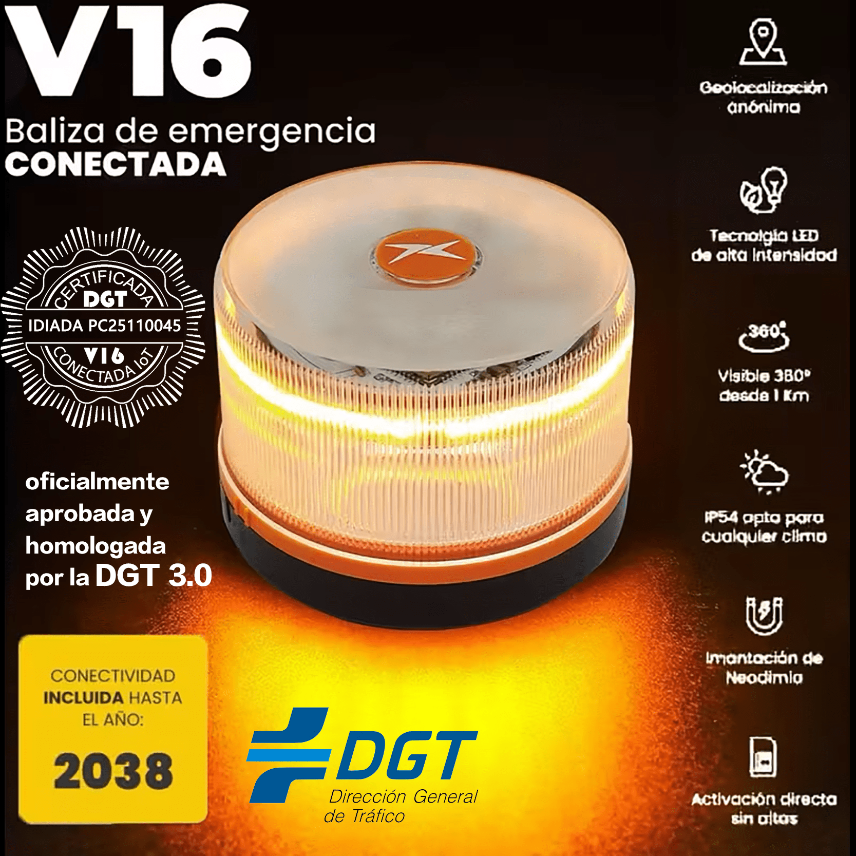 Baliza Luz de emergencia V16 homologada dgt con geolocalización español Conectada a DGT 3.0 con Geolocalización PC25060170/ PC25100081/ PC25110045, Conectada a DGT 3.0 con Geolocalización, Luz Señal Emergencia para Coche,Datos Incluidos hasta 2038
