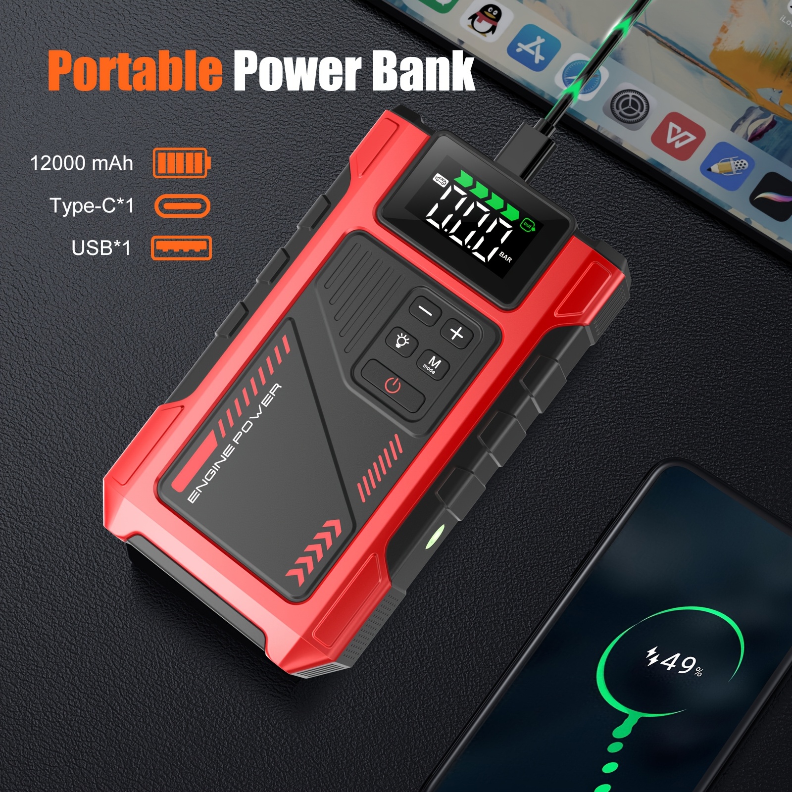 Arrancador de Coche de 12000Mah con Compresor de Aire de 150PSI, Booster de Batería de Coche de 6000A 12V con Inflador de Neumáticos, Power Bank (Gasolina 7,5L/Diésel 6L), Luz LED